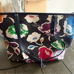 Coach Black and Green Floral Tote Bag with Bold Design